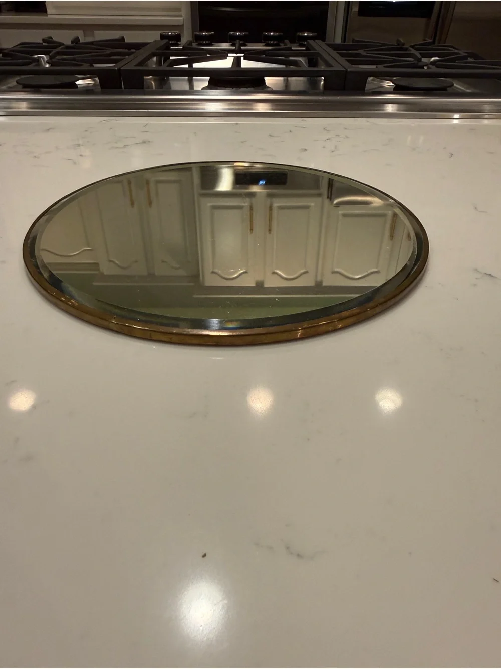 Vintage Round Mirrored Display Plateau Brass Trim 10” Centerpiece Vanity Tray